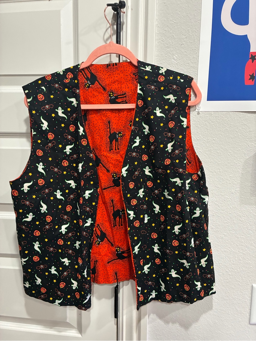Vintage handmade Women's Halloween Reversible Vest - Black & Orange Ghost Print